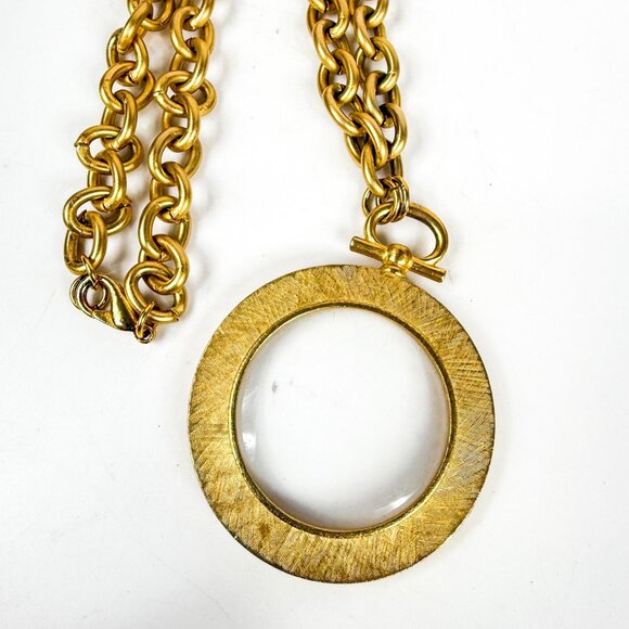 Chunky Chain Faux Pearl Gold Tone Magnifying Glass Loupe Pendant Necklace - Picture 2 of 5